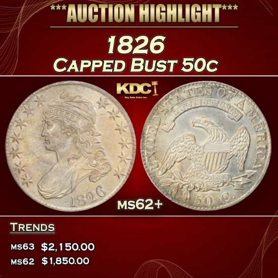 1826 Capped Bust Half Dollar 50c ms62+ USCG