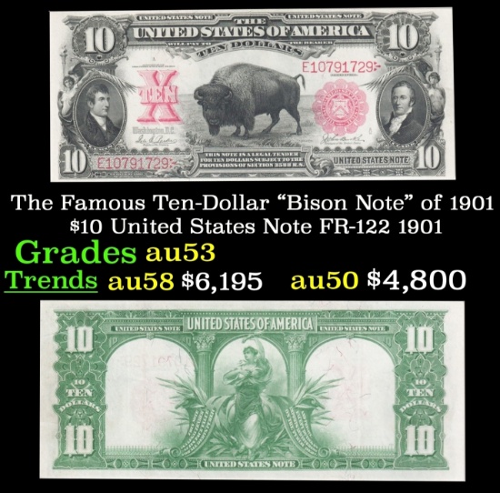The $10 United States Note Famous Ten-Dollar "Bison Note" of 1901 FR-122 Grades Select AU 1901