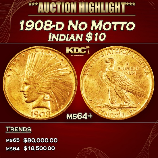 1908-d No Motto Gold Indian Eagle $10 ms64+ SEGS