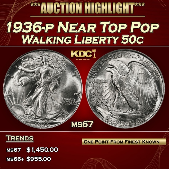 1936-p Walking Liberty Half Dollar Near Top Pop 50c ms67 SEGS