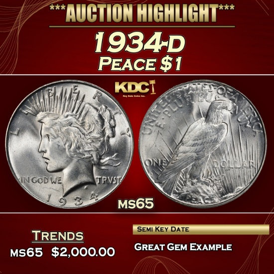 1934-d Peace Dollar $1 ms65 SEGS