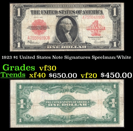1923 $1 United States Note Grades vf++ Signatures Speelman/White