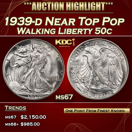 1939-d Walking Liberty Half Dollar Near Top Pop 50c ms67 SEGS