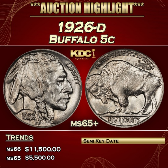 1926-d Buffalo Nickel 5c ms65+ SEGS