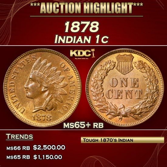1878 Indian Cent 1c ms65+ rb SEGS