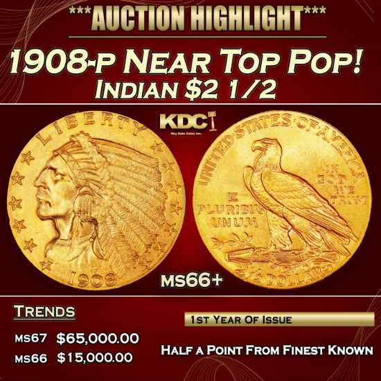 1908-p Gold Indian Quarter Eagle Near Top Pop! $2 1/2 ms66+ USCG