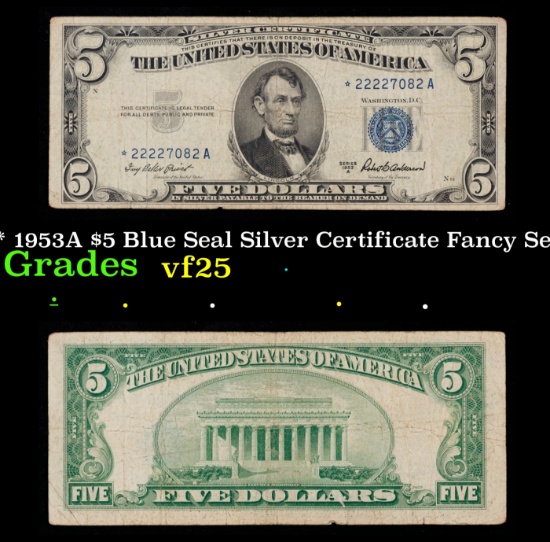 **Star Note** 1953A $5 Blue Seal Silver Certificate Fancy Serial: #22227082 Grades vf+