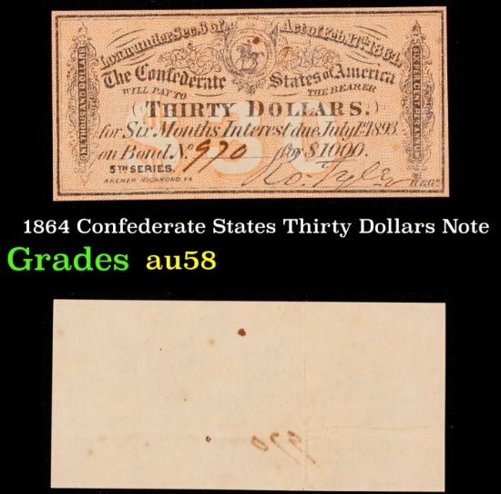 1864 Confederate States Thirty Dollars Note Grades Choice AU/BU Slider