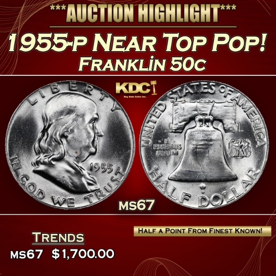 1955-p Franklin Half Dollar Near Top Pop! 50c ms67 USCG