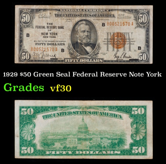 1929 $50 Green Seal Federal Reserve Note Grades vf++ York