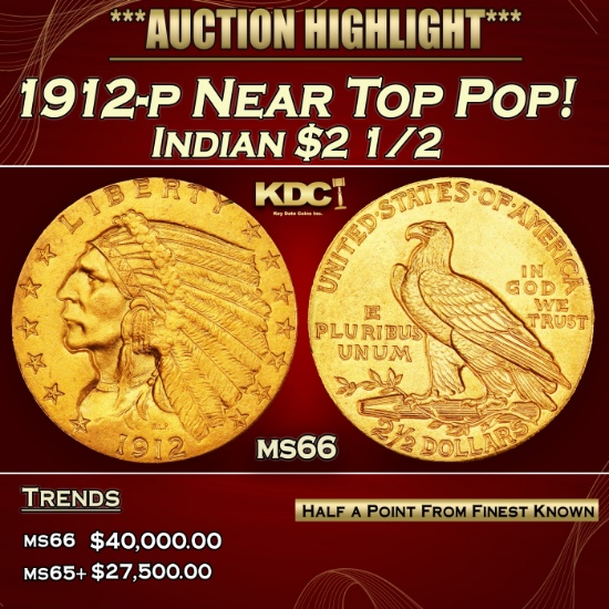 1912-p Gold Indian Quarter Eagle Near Top Pop! $2 1/2 ms66 USCG