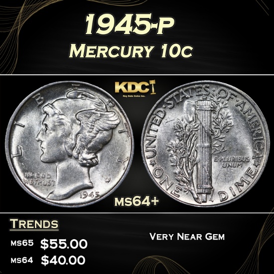 1945-p Mercury Dime 10c Grades ms64+