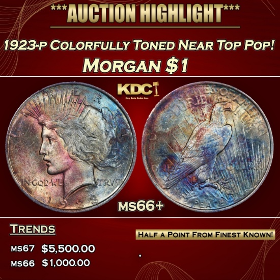 1923-p Morgan Dollar Colorfully Toned Near Top Pop! 1 Grades ms66+