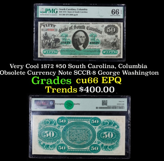 Very Cool 1872 $50 South Carolina, Columbia Obsolete Currency Note SCCR-8 George Washington cu66 EPQ