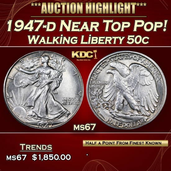 1947-d Walking Liberty Half Dollar Near Top Pop! 50c ms67 SEGS