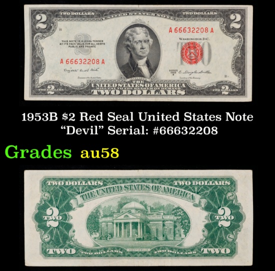 1953B $2 Red Seal United States Note "Devil" Serial: #66632208 Grades Choice AU/BU Slider
