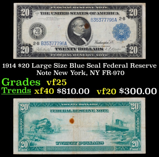 1914 $20 Large Size Blue Seal Federal Resrve Note New York, NY Grades vf+ FR-970