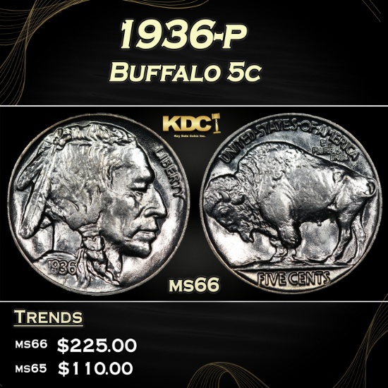 1936-p Buffalo Nickel 5c Grades ms66