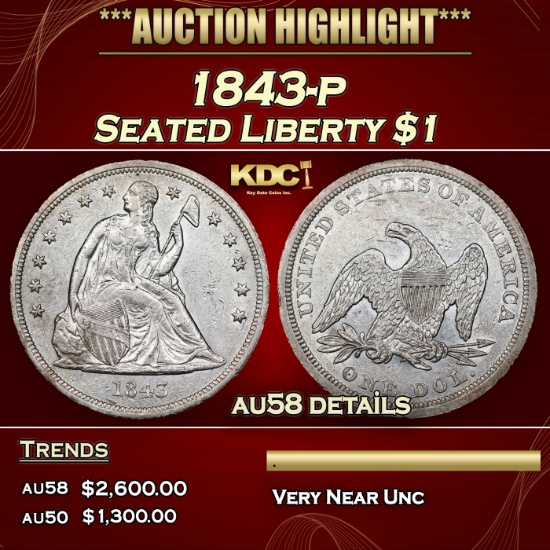 1843-p Seated Liberty Dollar 1 au58 details SEGS