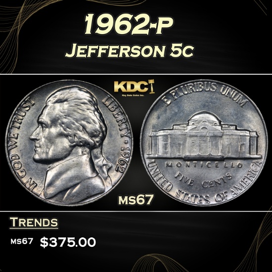 1962-p Jefferson Nickel 5c ms67 USCG
