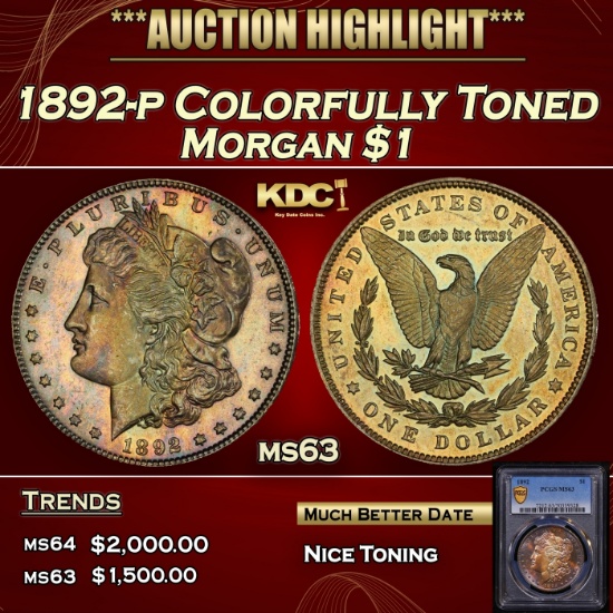 PCGS 1892-p Morgan Dollar Colorfully Toned 1 ms63 PCGS