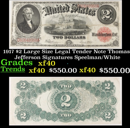1917 $2 Large Size Legal Tender Note Thomas Jefferson Grades xf Signatures Speelman/White