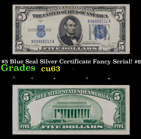 1934D $5 Blue Seal Silver Certificate Fancy Serial! #88888212 Grades Select CU