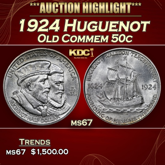 1924 Huguenot Old Commem Half Dollar 50c ms67 USCG