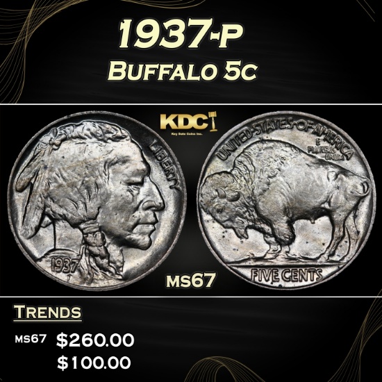 1937-p Buffalo Nickel 5c ms67 SEGS