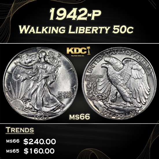 1942-p Walking Liberty Half Dollar 50c Grades ms66