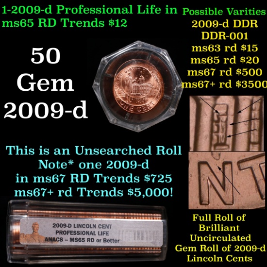 BU Roll 2009-d Lincoln Professional Life Cent 50 Pcs ANACS MS65 RD or Better!