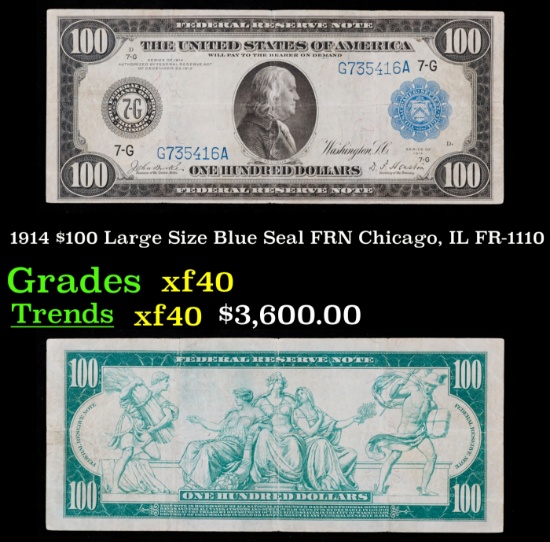 1914 $100 Large Size Blue Seal FRN Chicago, IL Grades xf FR-1110