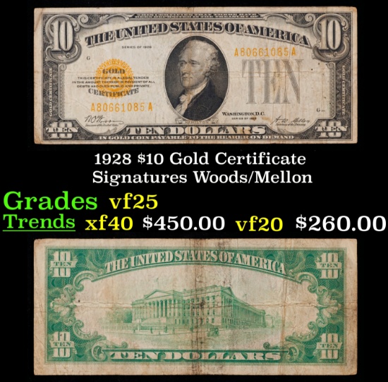 1928 $10 Gold Certificate Signatures Woods/Mellon Grades vf+