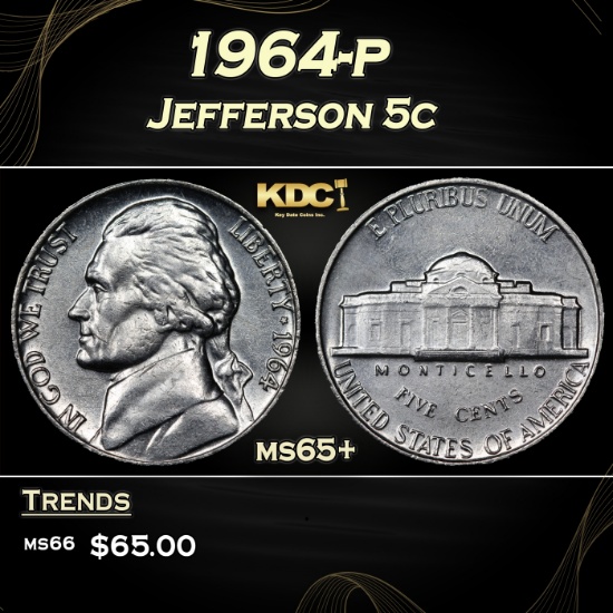 1964-p Jefferson Nickel 5c Grades ms65+