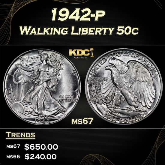 1942-p Walking Liberty Half Dollar 50c ms67 SEGS