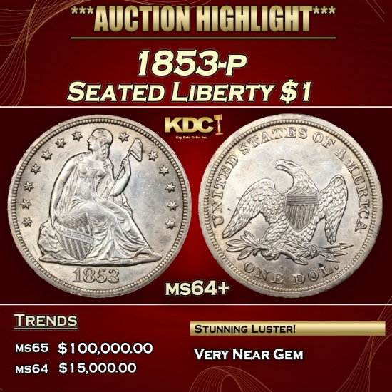 1853-p Seated Liberty Dollar 1 ms64+ SEGS