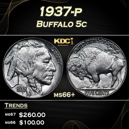 1937-p Buffalo Nickel 5c ms66+ SEGS