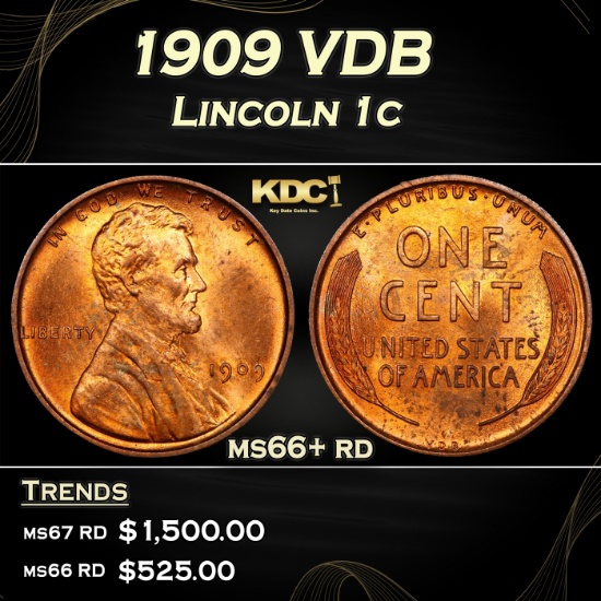 1909 VDB Lincoln Cent 1c ms66+ rd SEGS