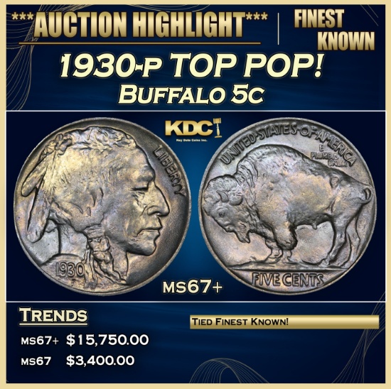 1930-p Buffalo Nickel TOP POP! 5c ms67+ SEGS
