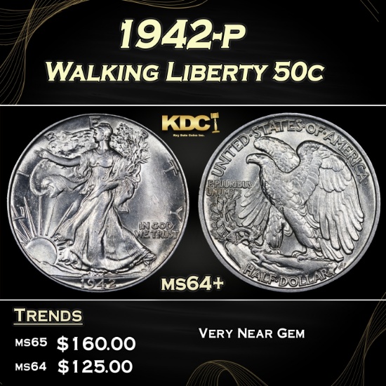 1942-p Walking Liberty Half Dollar 50c Grades ms64+