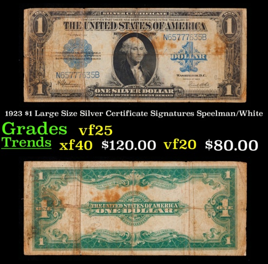 1923 $1 large size Silver Certificate Grades vf+ Signatures Speelman/White