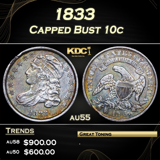 ***Auction Highlight*** 1833 Capped Bust Dime 10c Graded au55 SEGS (fc)