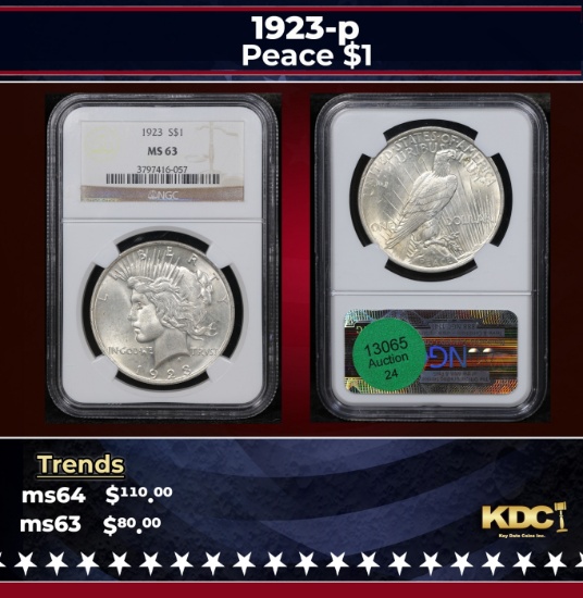 NGC 1923-p Peace Dollar $1 ms63 NGC