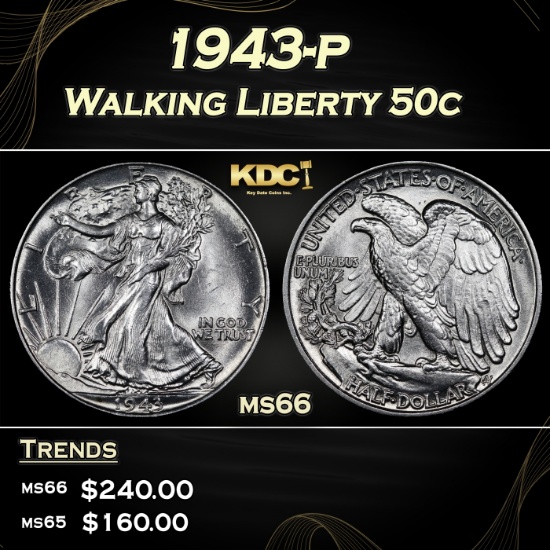 1943-p Walking Liberty Half Dollar 50c Grades ms66
