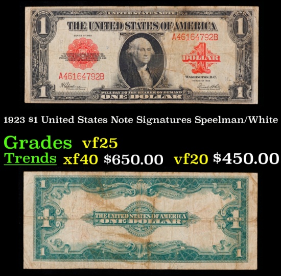 1923 $1 United States Note Grades vf+ Signatures Speelman/White
