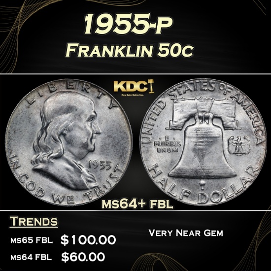 1955-p Franklin Half Dollar 50c Grades ms64+ fbl