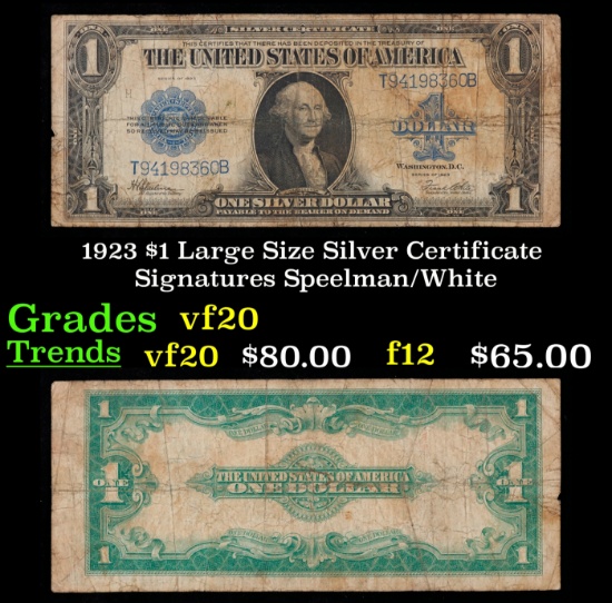 1923 $1 large size Silver Certificate Grades vf, very fine Signatures Speelman/White