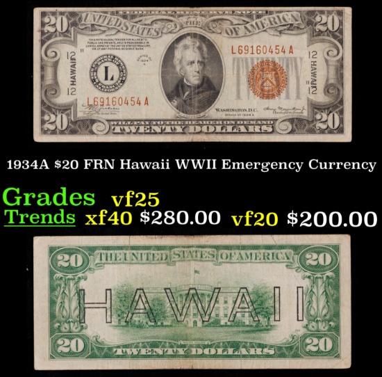 1934A $20 FRN Hawaii WWII Emergency Currency Grades vf+