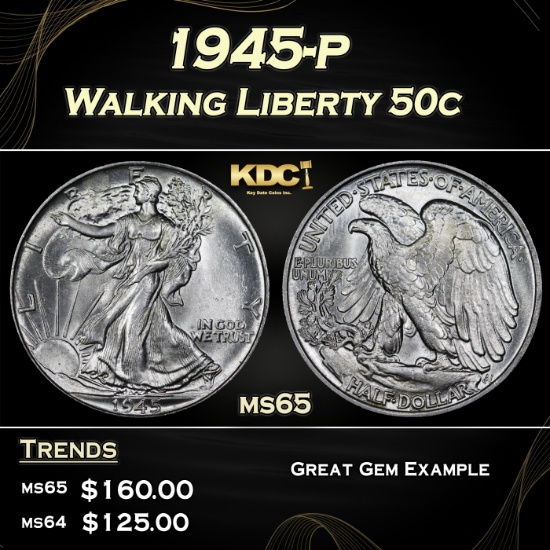 1945-p Walking Liberty Half Dollar 50c Grades ms65