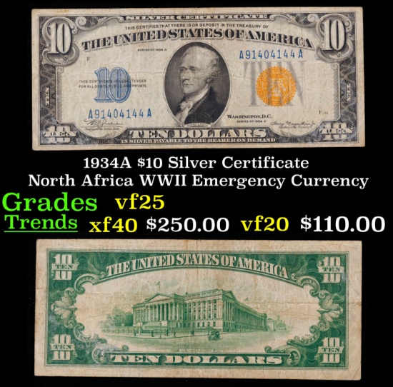 1934A $10 Silver Certificate North Africa WWII Emergency Currency Grades vf+